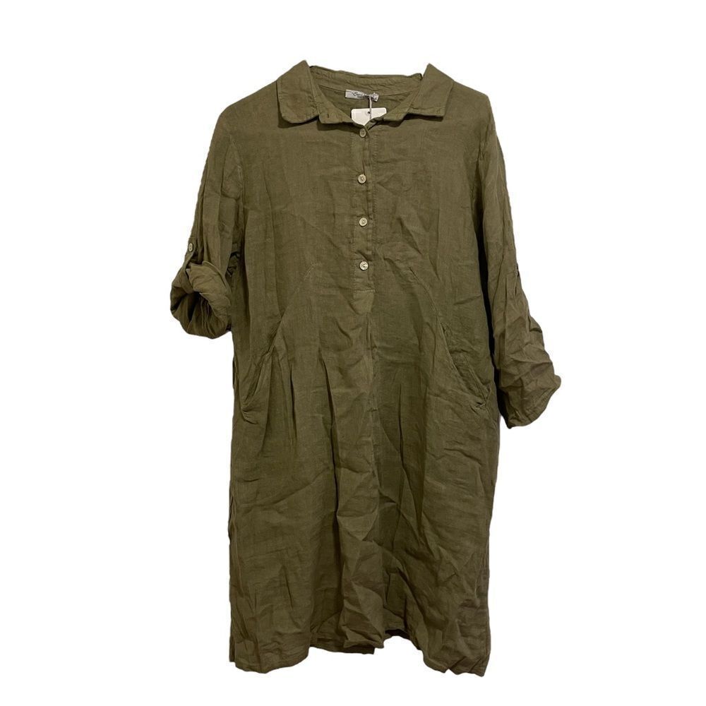 Elena Baldi Army Green Olive Linen knee Length Dress